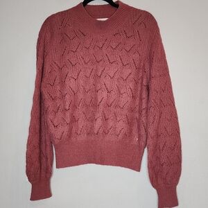 Heartloom Wool Mohair Blend Pink Pointelle Open Knit Mock Neck Sweater Size L